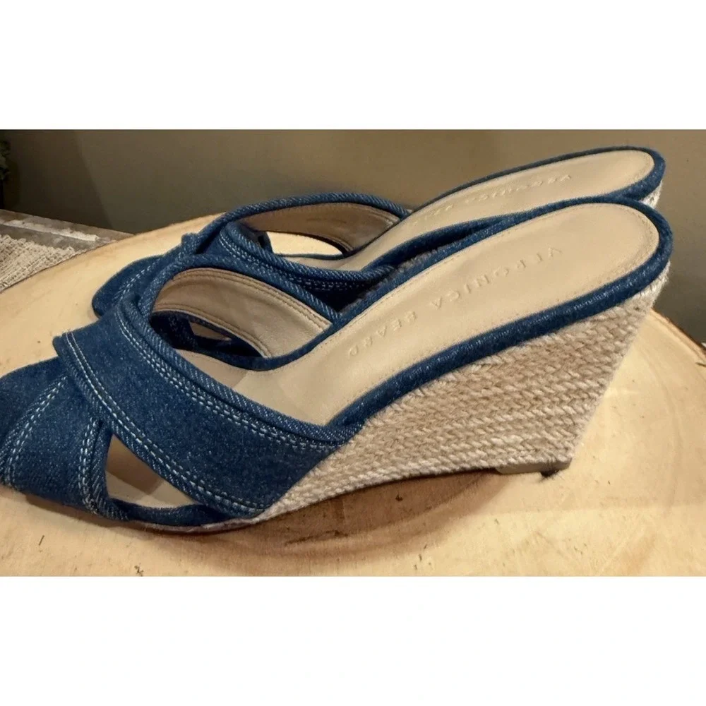 Veronica Beard Edna‎ Denim Wedge Espadrille Open Toe Sandals Size 7.5 New 395$